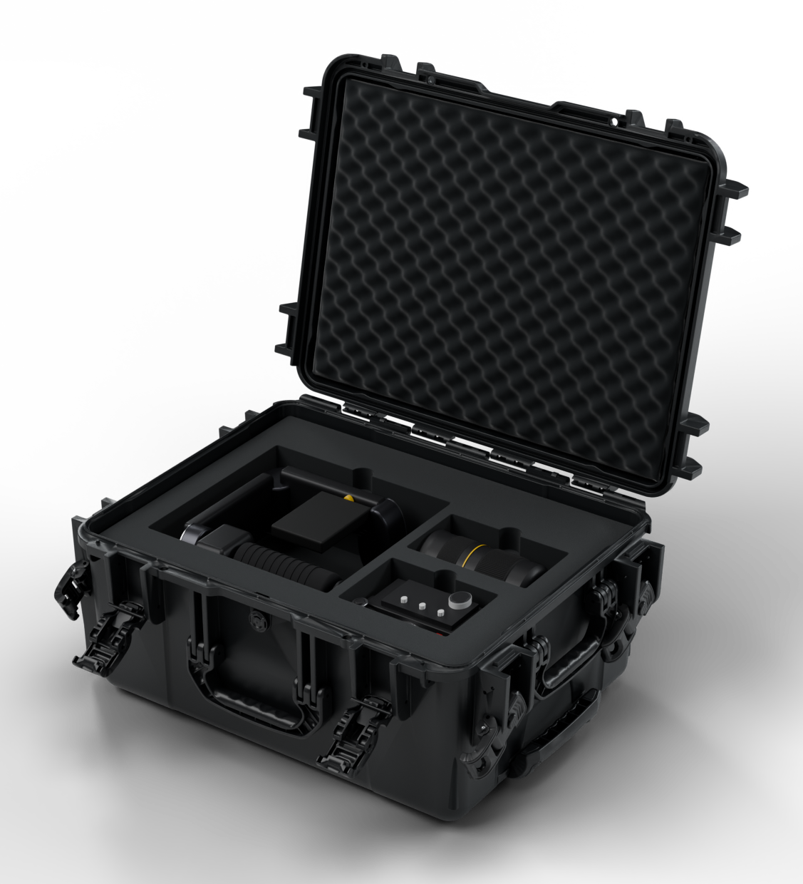 Valise Foamd L ouverte, illustration 3D d’un exemple de mousse sur mesure. Matériel illustratif non fourni.