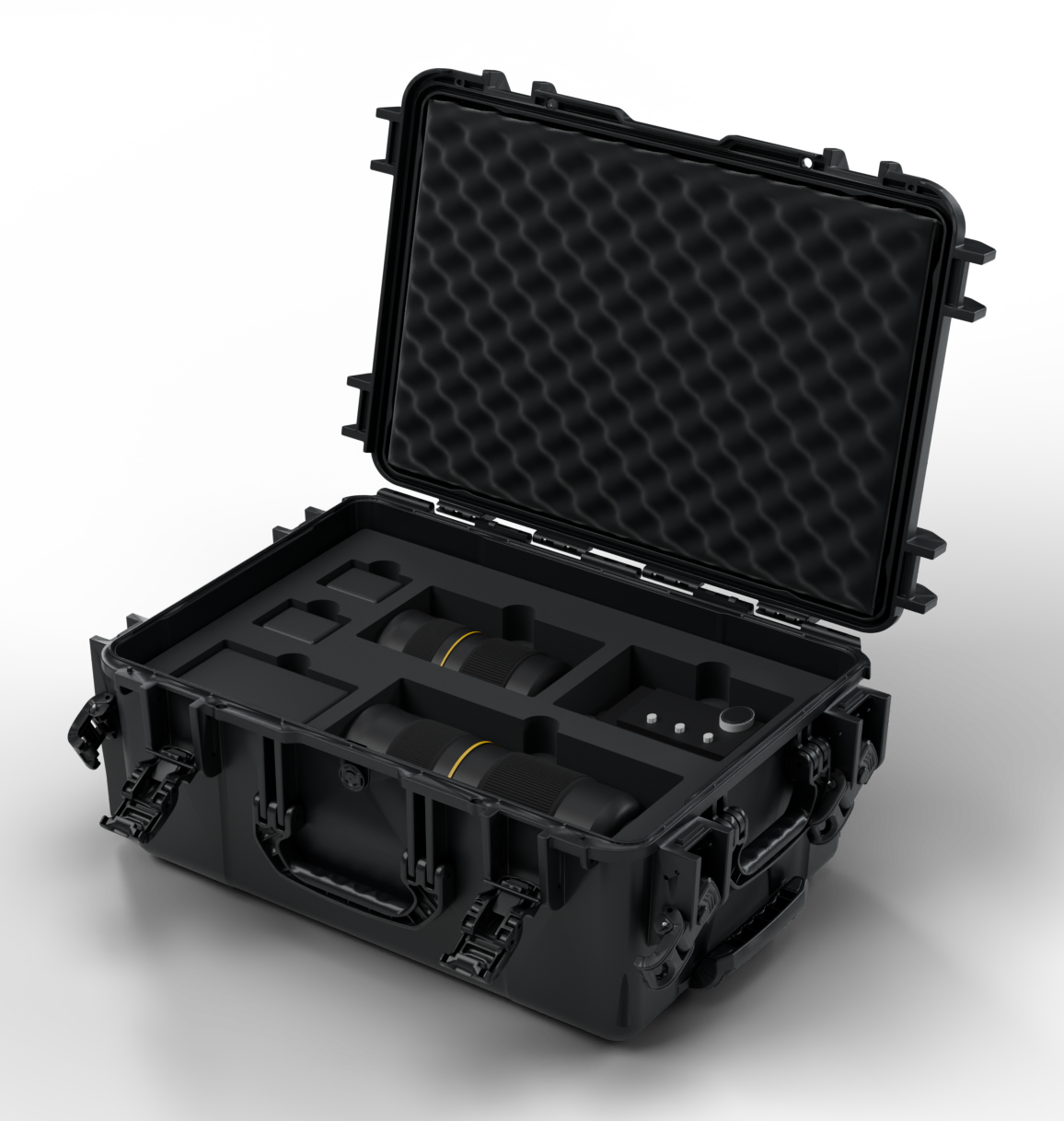Valise Foamd M ouverte, illustration 3D d’un exemple de mousse sur mesure. Matériel illustratif non fourni.
