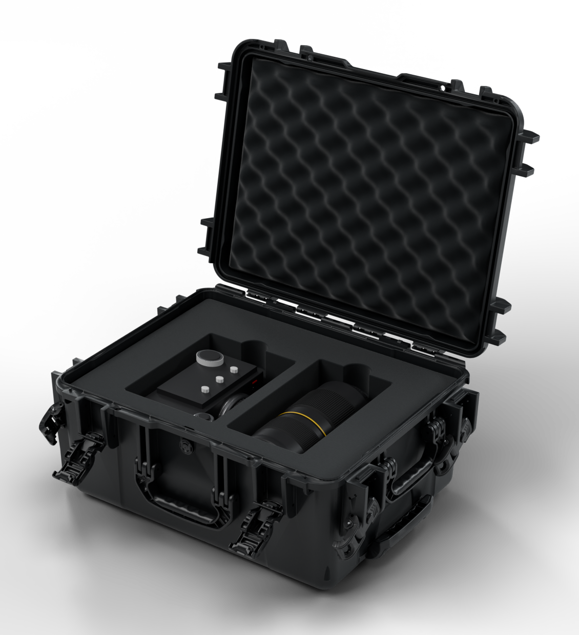 Valise Foamd S ouverte, illustration 3D d’un exemple de mousse sur mesure. Matériel illustratif non fourni.