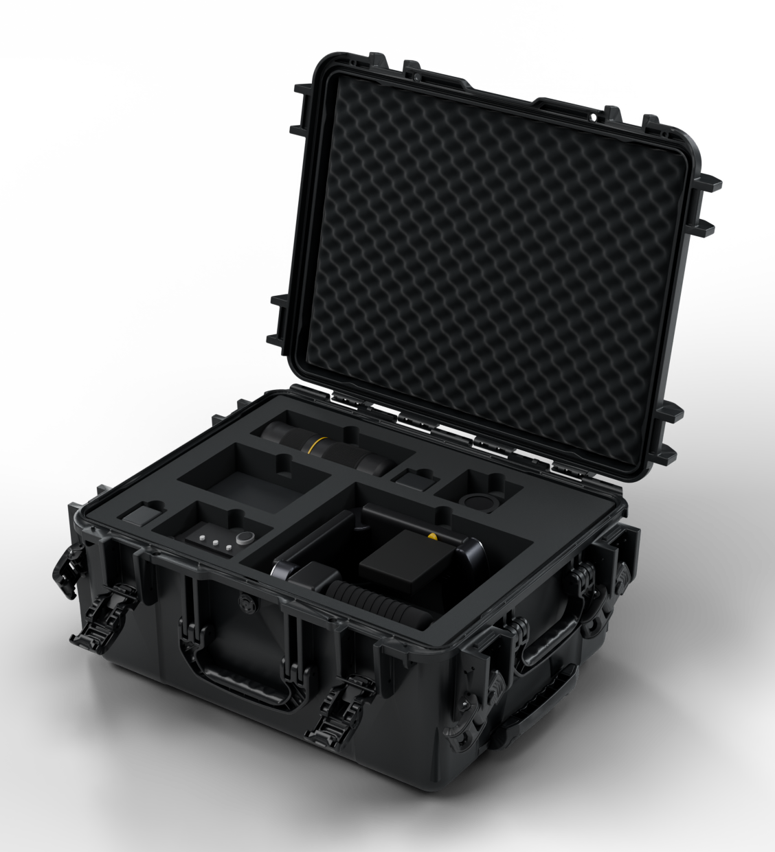 Valise Foamd XL ouverte, illustration 3D d’un exemple de mousse sur mesure. Matériel illustratif non fourni.